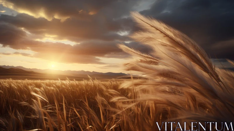 Serene Wheat Field Sunset Landscape AI Image