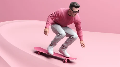 Surprised Young Man Skateboarding on Pink Background