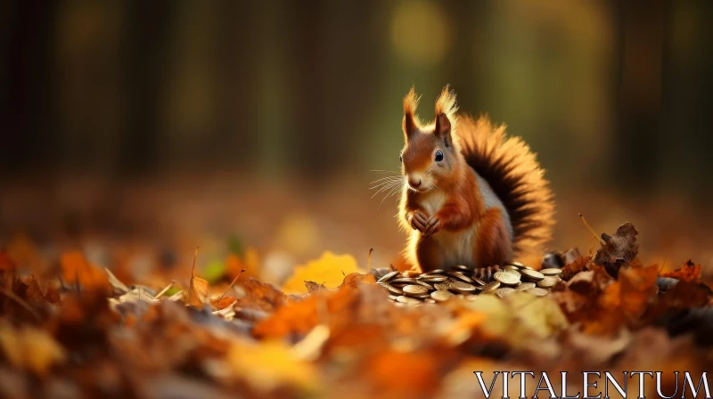 AI ART Curious Red Squirrel on Gold Coins in Forest