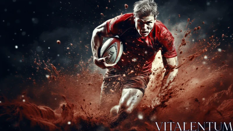 Male Rugby Player in Red Jersey Running with Ball AI Image