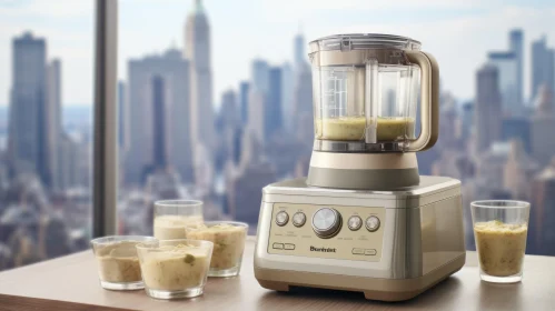 Modern Kitchen Blender and Glass Cups Cityscape