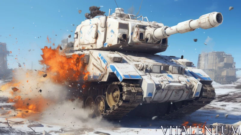 AI ART Modern Tank in Snowy Battlefield: Destruction and Chaos