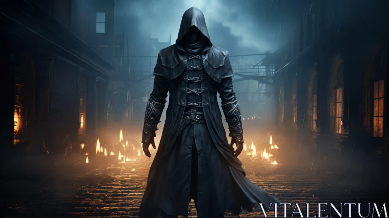 Mysterious Man in Black Cloak Standing in Dark Alley AI Image