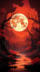 Red Moon Over Forest: Mysterious Landscape