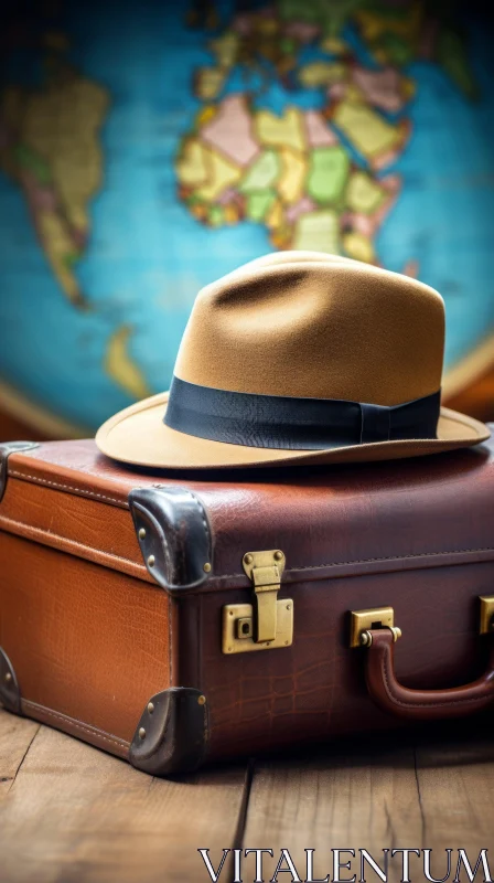 Retro Vintage Suitcase with Black Hat and World Map Background AI Image