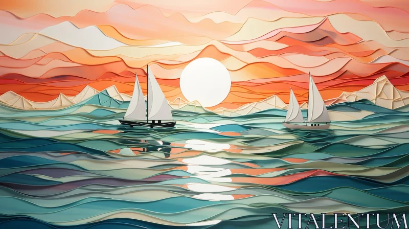 Serene Seascape with Sun and Sailboats AI Image