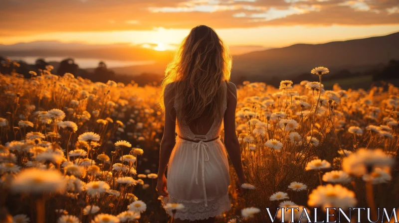 Serene Sunset Scene with Woman in White Dress and Daisies AI Image