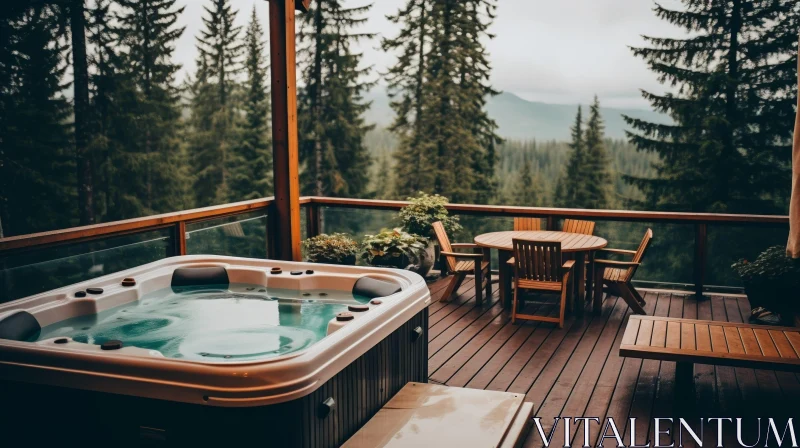 Serene Wooden Deck with Hot Tub and Greenery AI Image