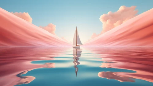 Tranquil Pink Seascape with White Sailboat