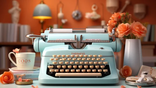 Vintage Blue Typewriter with Orange Roses and Tea