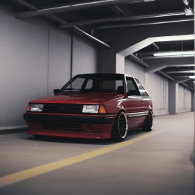 Captivating Red Car in Garage | Anime Aesthetic