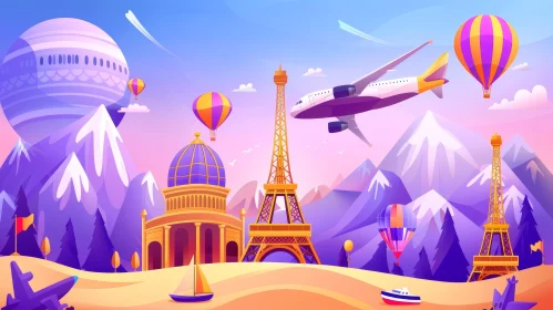 Colorful Travel Illustration with Hot Air Balloon and Mountain Background