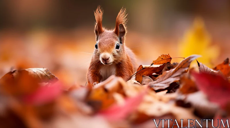 Curious Red Squirrel on Fallen Leaves - Nature Wildlife Close-up AI Image