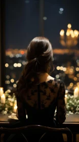 Elegant Woman in Black Dress at Night City Restaurant