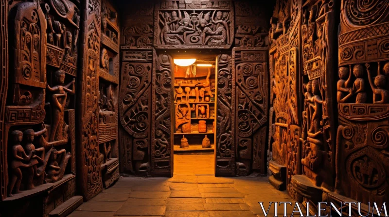 AI ART Intriguing 3D Rendering of Dark Room with Intricate Carvings