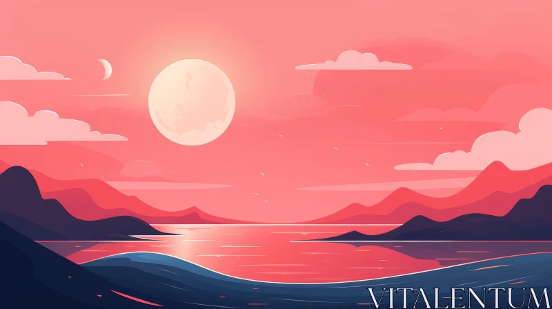 Pink Moon Over Ocean Landscape AI Image