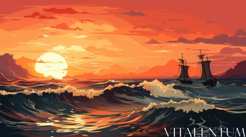 AI ART Tranquil Sunset Seascape with Ships