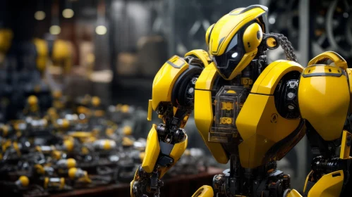 Yellow Robot in Factory - 3D Rendering
