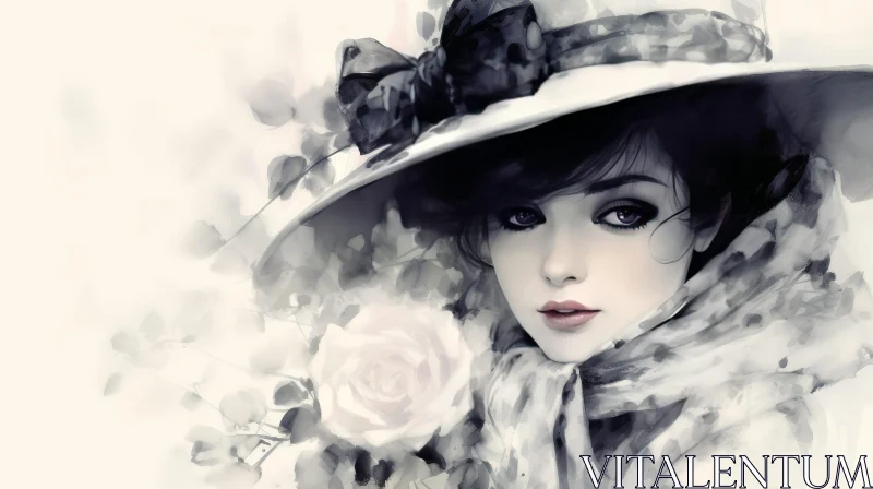 Young Woman Portrait with Flowered Hat AI Image