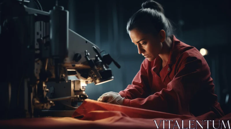 Female Worker Operating Sewing Machine in Factory AI Image