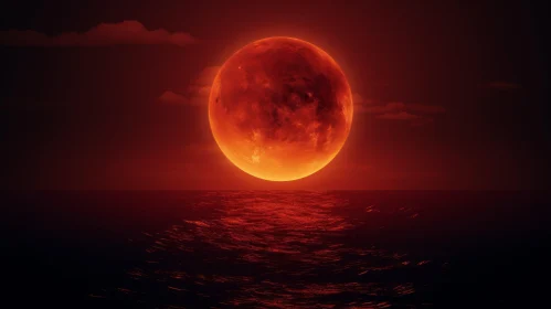 Red Moon Rising Over Azure Ocean