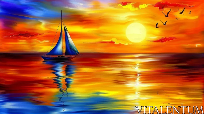 Tranquil Sunset Painting - Peaceful Boat Sailing on Calm Sea AI Image