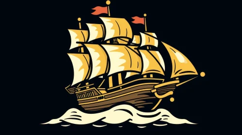 Vintage Sailing Ship Illustration on Rough Sea