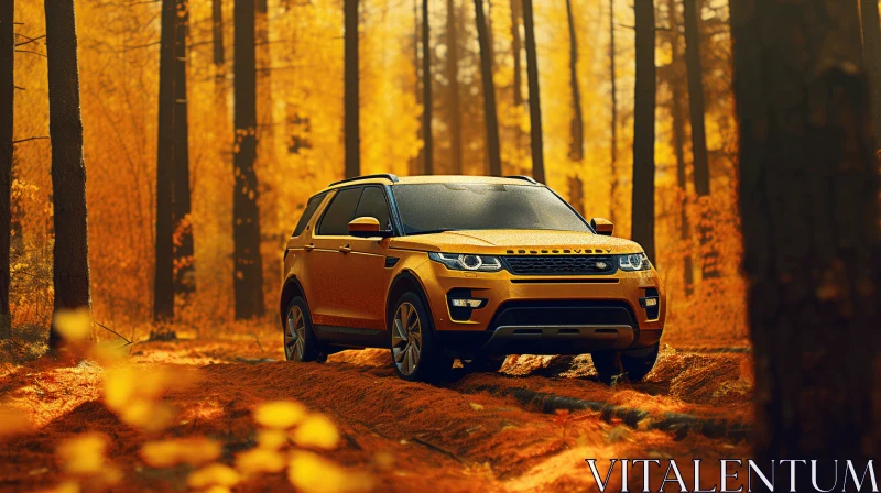 Yellow Land Rover in Forest with Autumn Leaves | Hyper-Realistic Art AI Image