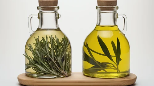 Glass Bottles of Olive Oil with Rosemary and Sage on Wooden Tray