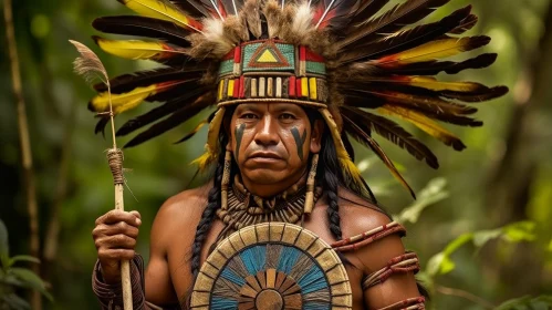 Native American Man in Traditional Headdress and Face Paint