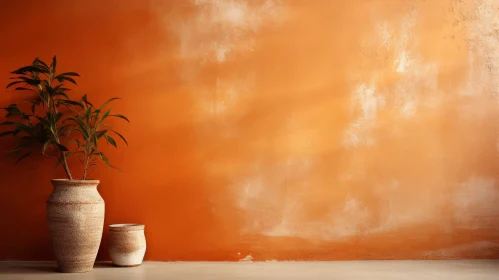 Orange Wall Living Room with Ficus Plant