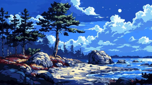 Pixelated Beach Night Landscape with Stars and Tree