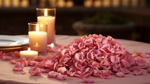 Romantic Table Setting with Pink Rose Petals and Lit Candles