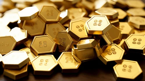 Shimmering Gold Coins on Wooden Surface