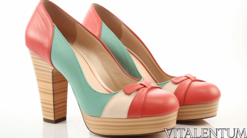 Stylish Women's Leather Heels in Light Blue, Red, and White AI Image