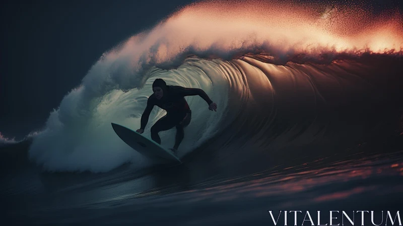 Thrilling Surfing Adventure: Surfer Riding Powerful Wave AI Image