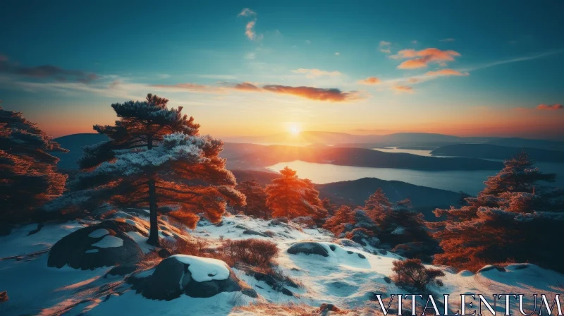 AI ART Winter Landscape: Serene Mountain Sunset Scene