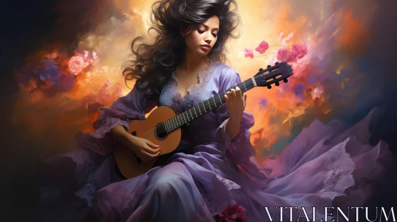 AI ART Woman Playing Guitar Among Flowers