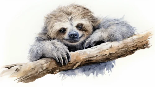 Cute Sloth Watercolor Painting on Tree Branch
