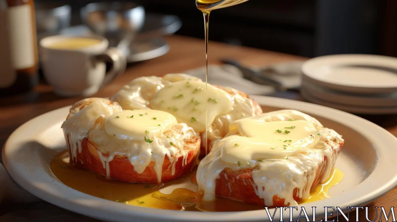 Delicious Melted Cheese on Bread Plate AI Image