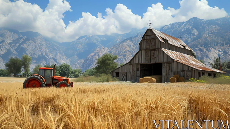 AI ART Golden Wheat Field and Mountains Landscape