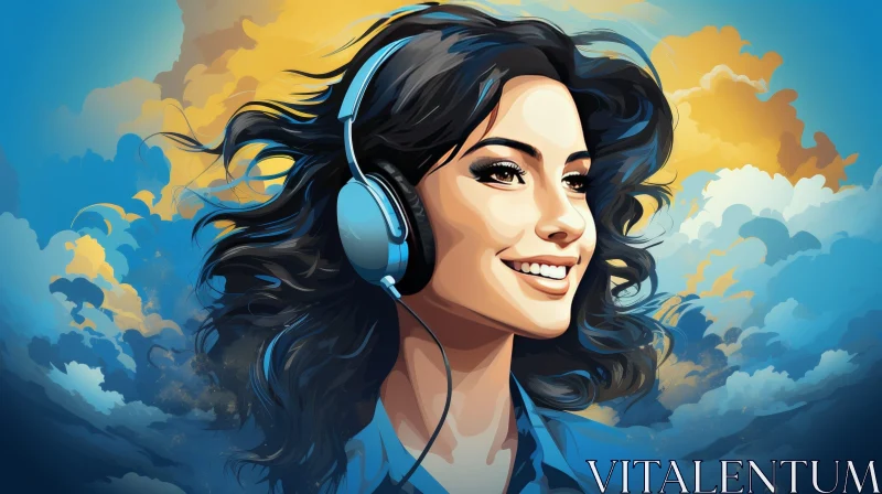 Joyful Woman Portrait with Blue Headphones AI Image