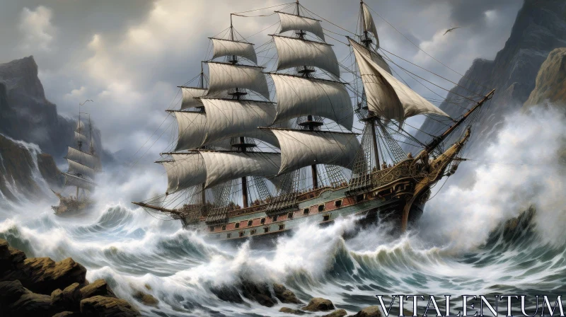Large Sailing Ship on Rough Sea Painting AI Image