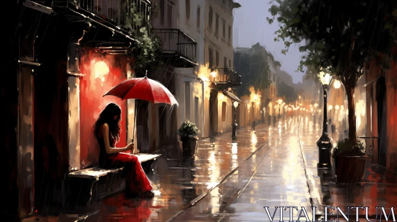 Lonely Woman in Red Dress on Rainy Street AI Image