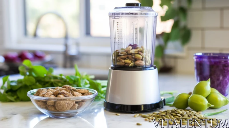 Modern Kitchen Counter with Healthy Ingredients and Blender AI Image