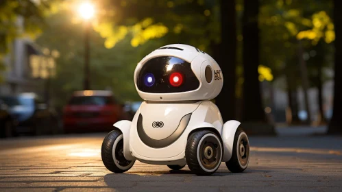 Modern White Robot on City Street - Urban Technology Scene