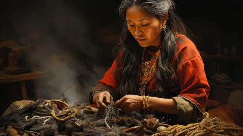 Native American Woman Crafting in Traditional Attire