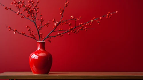 Red Vase with Berries and Flowers on Wooden Table