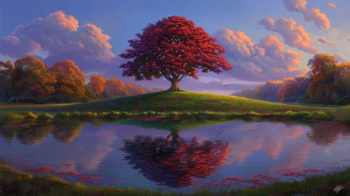 Serene Landscape Painting with Red Tree in Green Field
