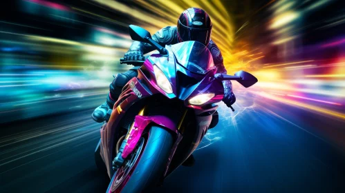 Sporty Motorcyclist on Purple and Pink Bike